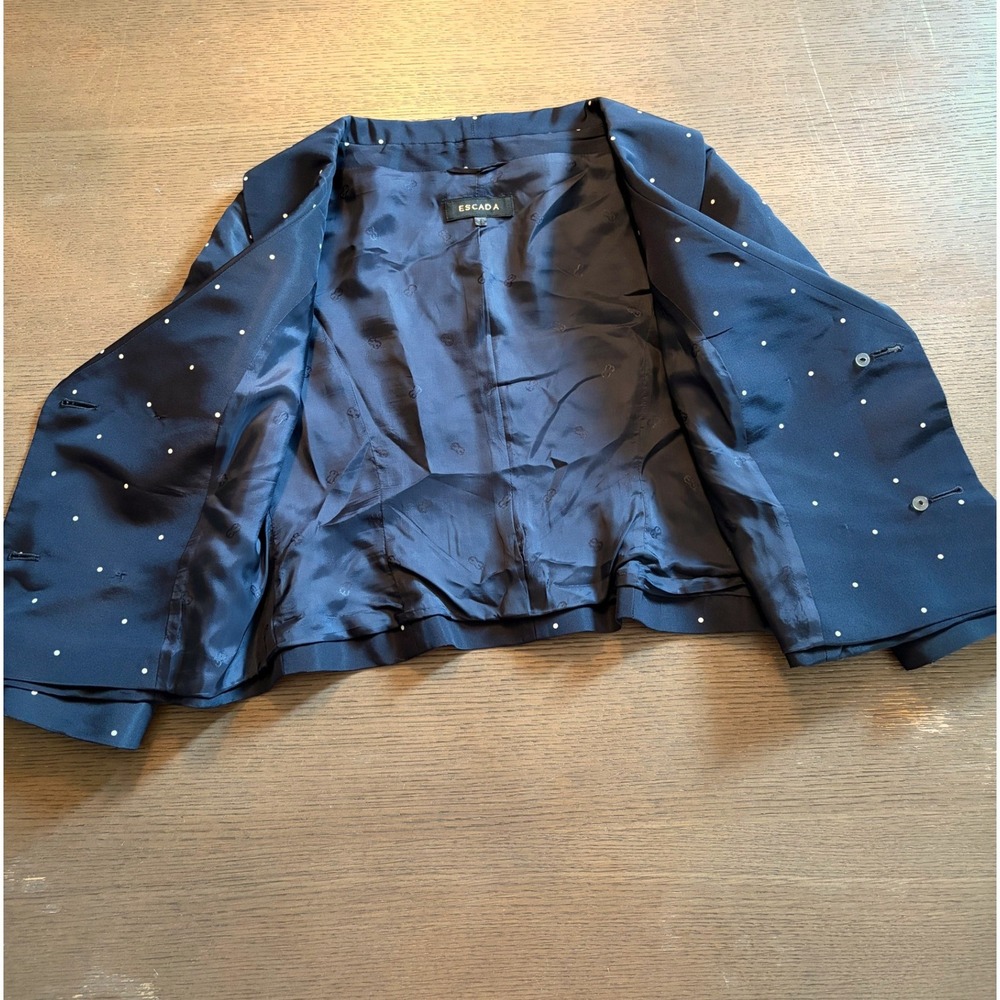 Escada Navy Blue Polka Dot Silk‎ Blend Double Breasted Shawl Collar Jacket 38 - Picture 9 of 16